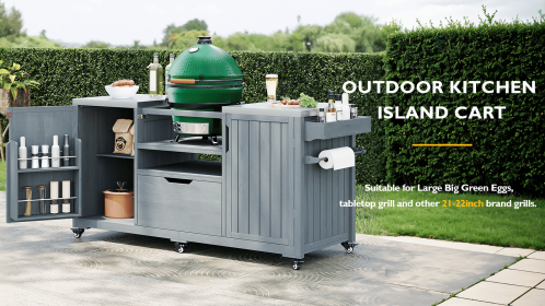 K&K 66.5" Outdoor Kitchen Island for Big Green Egg Grills, Solid Wood Outdoor Grill Cart for Tabletop Grill with Stainless Steel Top, Drawer