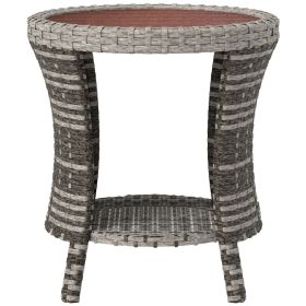 18" Wicker Outdoor Coffee Table, PE Rattan Patio Side Table with 2-Tier Storage, Composite Wood Top, Mixed Gray