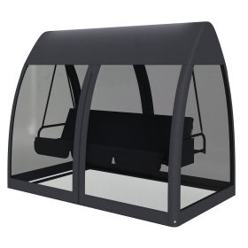 3 Seat Outdoor Swing Chair Convertible Covered Day Bed with Canopy, Mesh Netting, Steel Stand for Garden, Patio, Gray