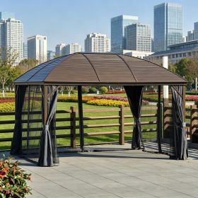 Grey 10'X 13' Hard Top Pavilion with Curtains and Grid Steel Roof Ceiling Courtyard Outdoor Entertainment Area