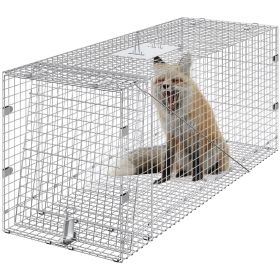 Live Animal Cage Trap, 42" x 16" x 18" Humane Cat Trap Galvanized Iron, Folding Animal Trap with Handle for Stray Dogs, Armadillos, Raccoons, Mar