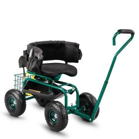 Rolling Garden Cart with Cushioned Backrest & Seat, Outdoor Gardening Stool for Planting