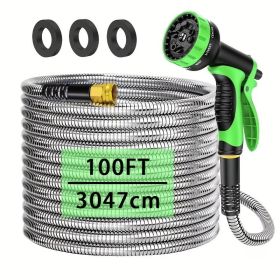 100FT Heavy Duty 304 Stainless Steel Garden Hose with 10-Pattern Spray Nozzle, Flexible Kink-Free Metal Water Hose with Brass Fittings for Lawn, (Color: green)