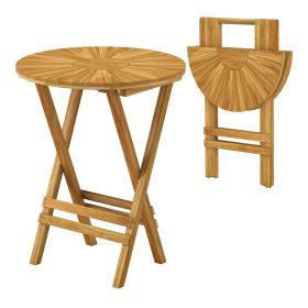 Patio Folding Side Table Teak Wood Round End Table with Slatted Tabletop and X-Shaped Frame (Color: Natural)
