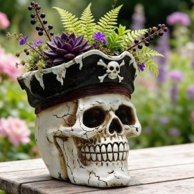 Hand Painted Pirate Skull Planter, Gothic Planter, Unique Small Skeleton Flower Pot Indoor/Outdoor with Drainage (Color: White)