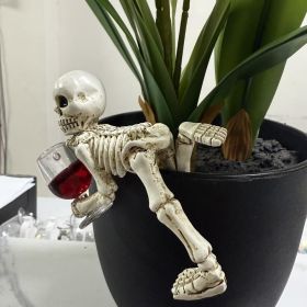 Halloween Skeleton Flowerpot Decoration, Weather Resistant Resin Garden Statue (Color: Red Cup)